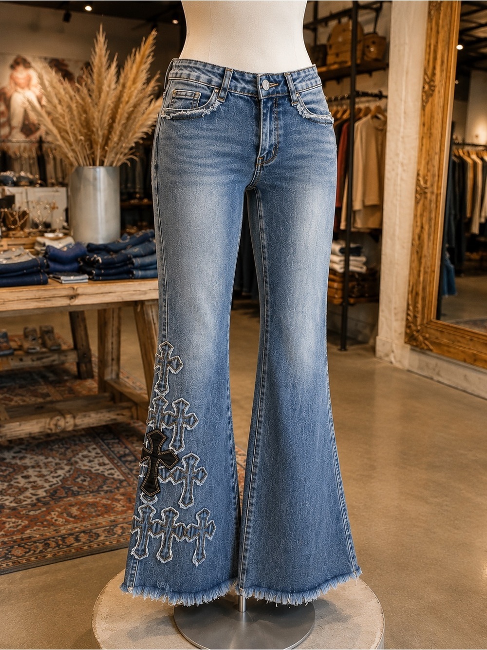 Telepatía Low Rise Bootcut Jeans Cross Appliqué Distressed Y2K Size 3/26